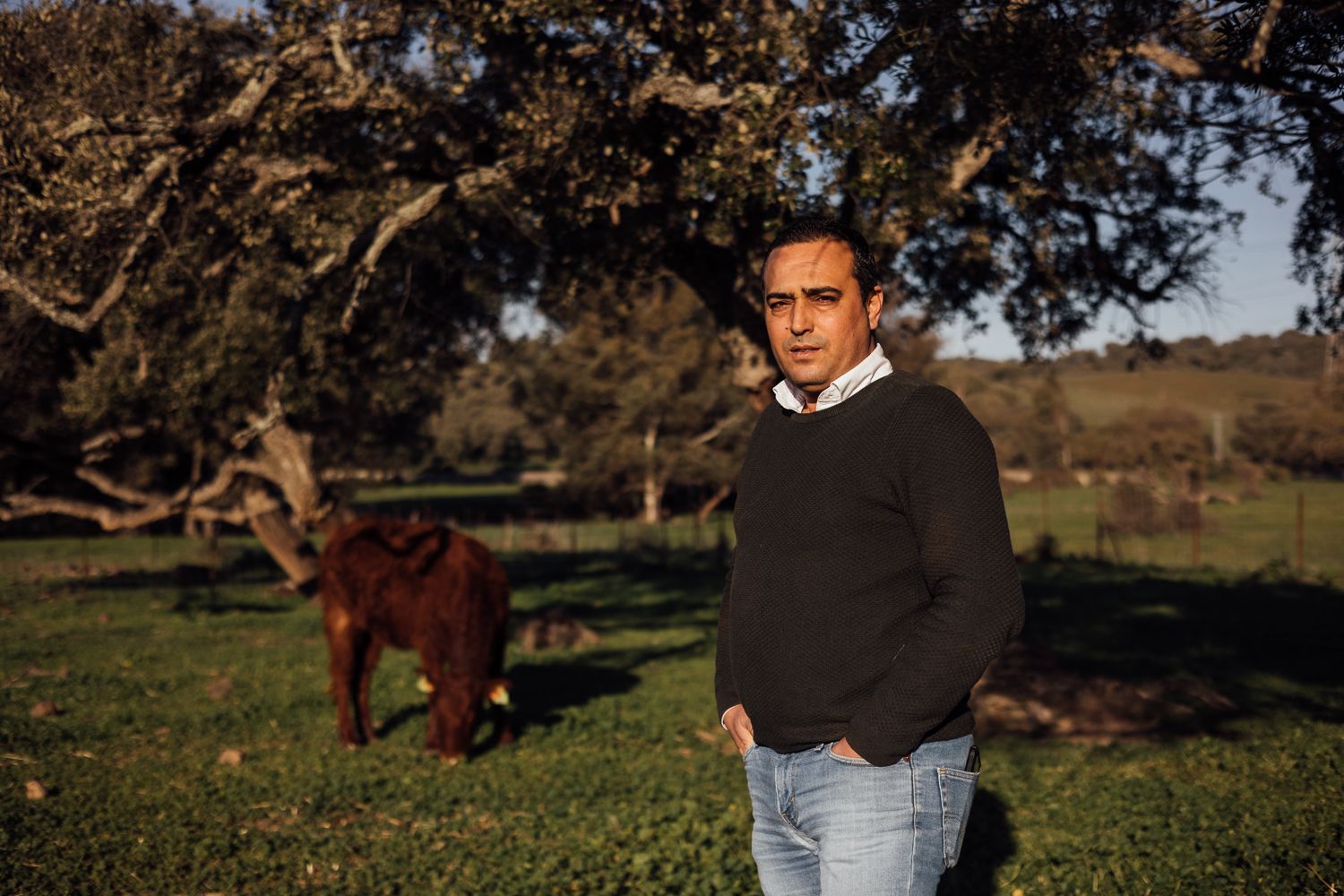 Antonio junto a sus vacas en el parque de Los Alcornocales.