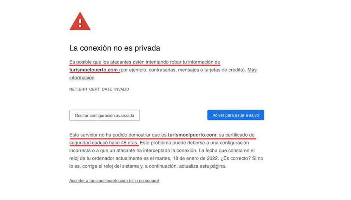 Izquierda Unida denuncia que la web de Turismo de El Puerto lleva 45 días con los certificados de seguridad caducados.