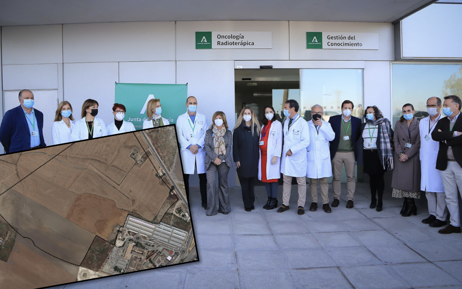 Acto reciente de Ana Mestre en el Hospital de Jerez. En detalle, el sector 'pintado' en el PGOU de Jerez con una enorme bolsa de suelo para la ampliación del complejo hospitalario.