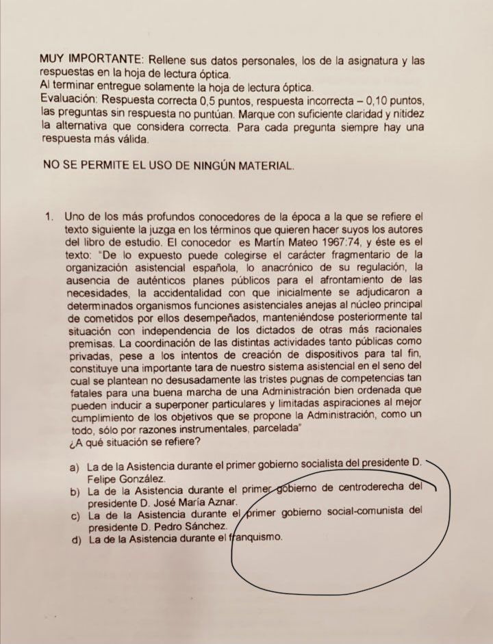 La pregunta en un examen de la UNED que ha indignado a Pablo Iglesias. FOTO: Twitter Pablo Iglesias