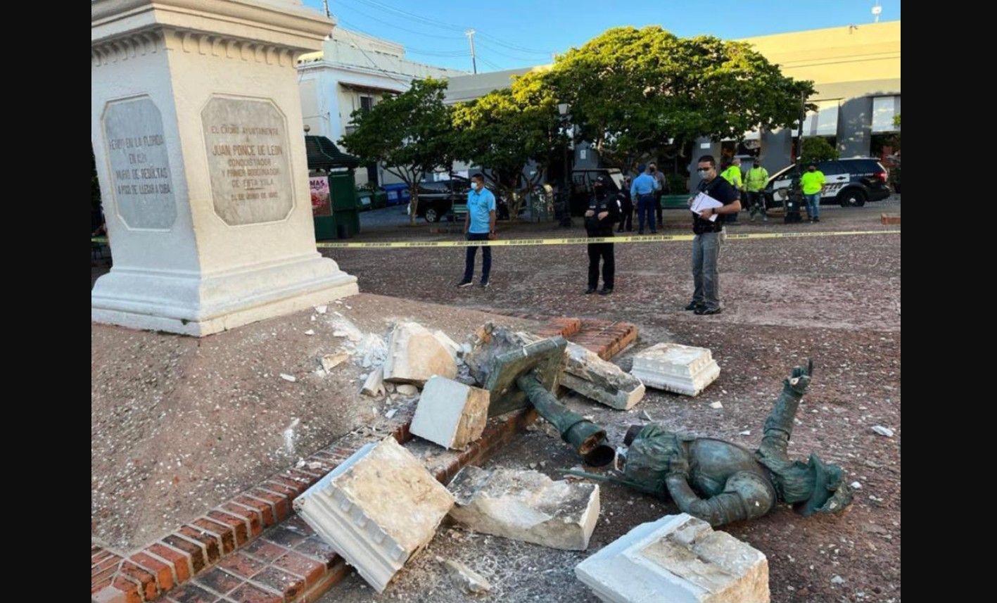 La estatua del conquistador español de Puerto Rico, Ponce de León, derribada antes de la visita del Rey