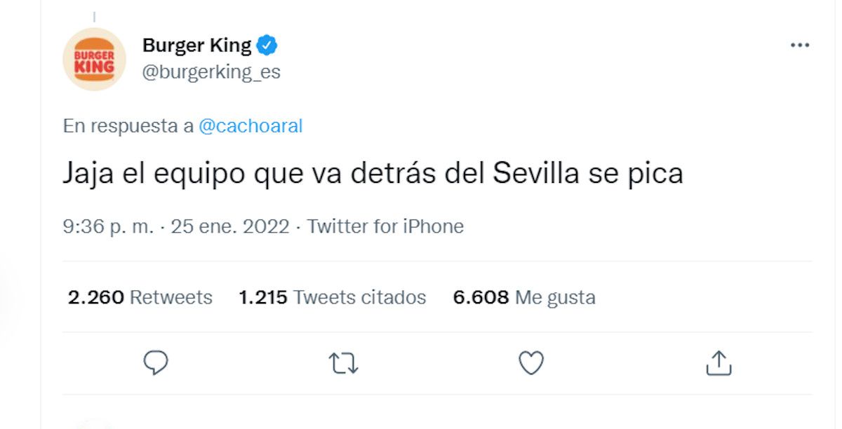 Tuit viral de Burger King en respuesta a un aficionado bético.