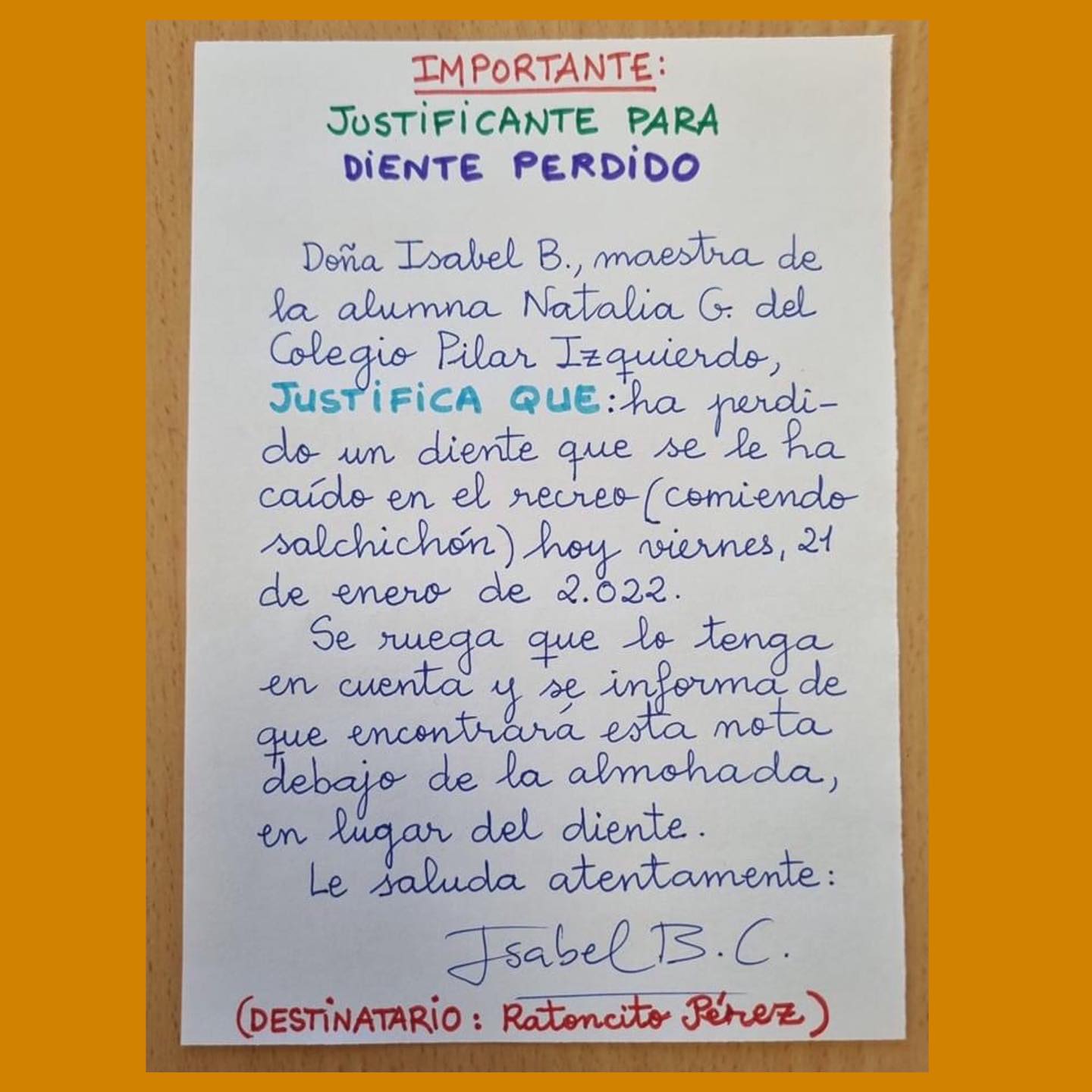 Justificante escrito por la maestra Isabel Bermejo.