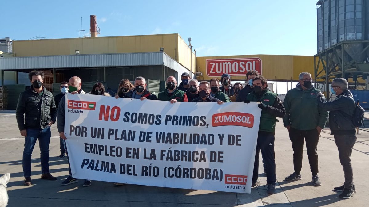 Los trabajadores de Zumosol en una concentración a las puertas de la empresa, en Palma del Río