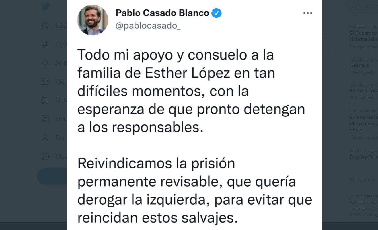 El tuit de Pablo Casado en el que critica a la oposición y da el pésame por Esther López