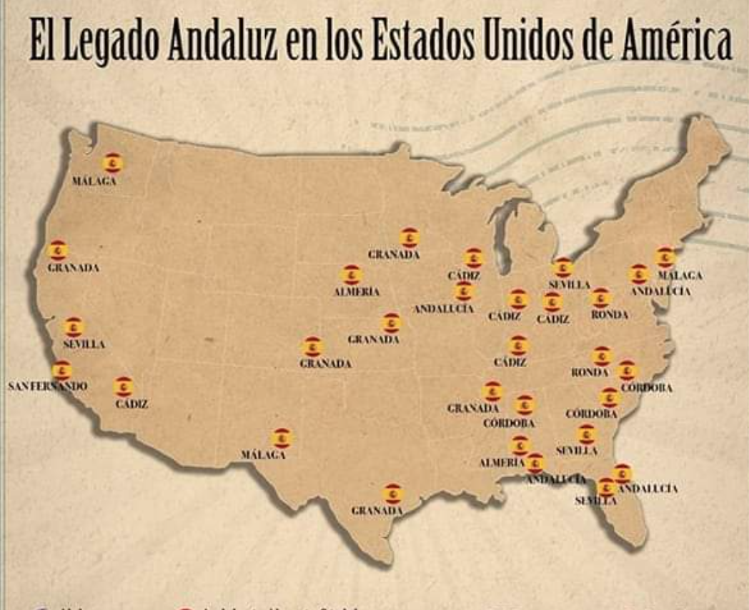 Mapa del legado andaluz en Estados Unidos.