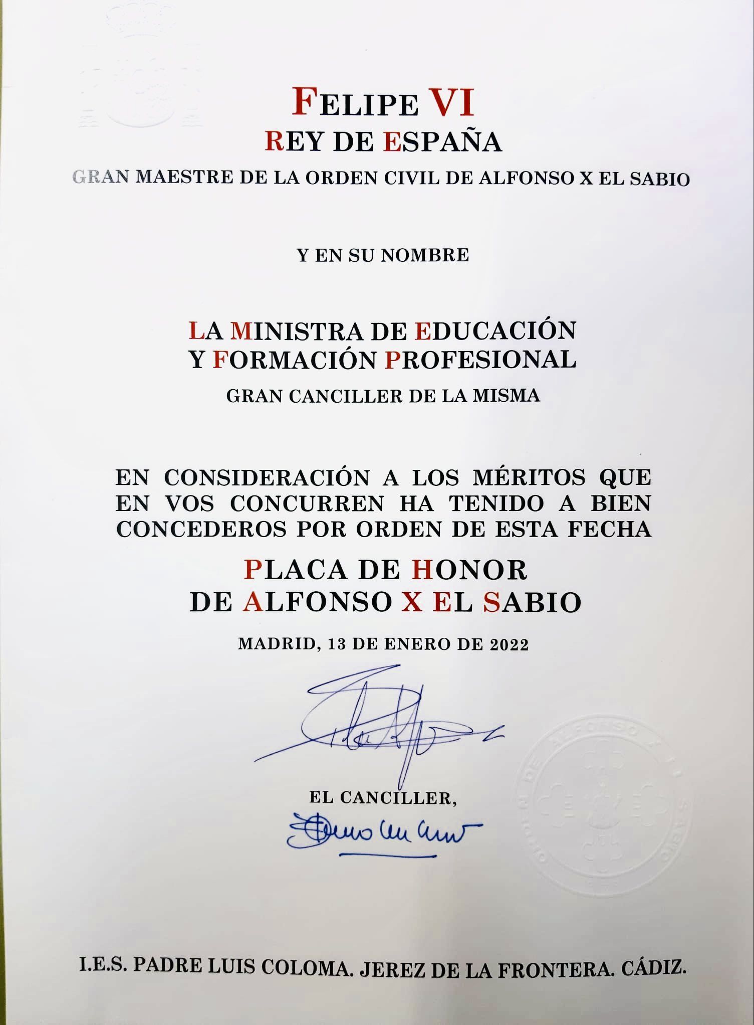 La Orden Civil de Alfonso X El Sabio otorgada al centro