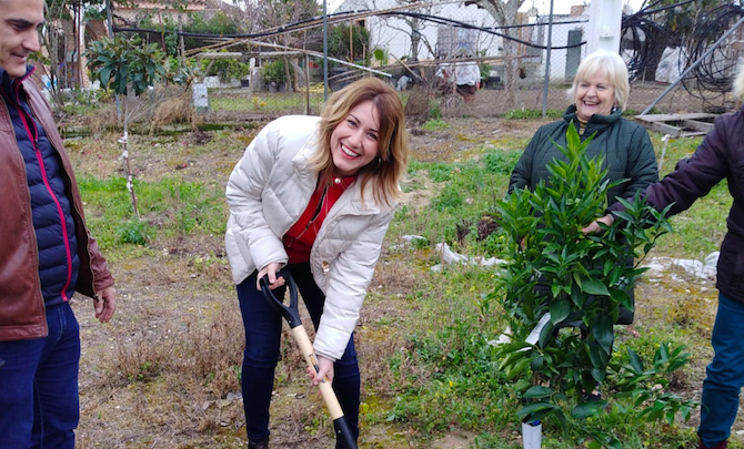 La diputada Isabel Armario plantando un árbol frutal. FOTO: DIPUTACIÓN DE CÁDIZ. 