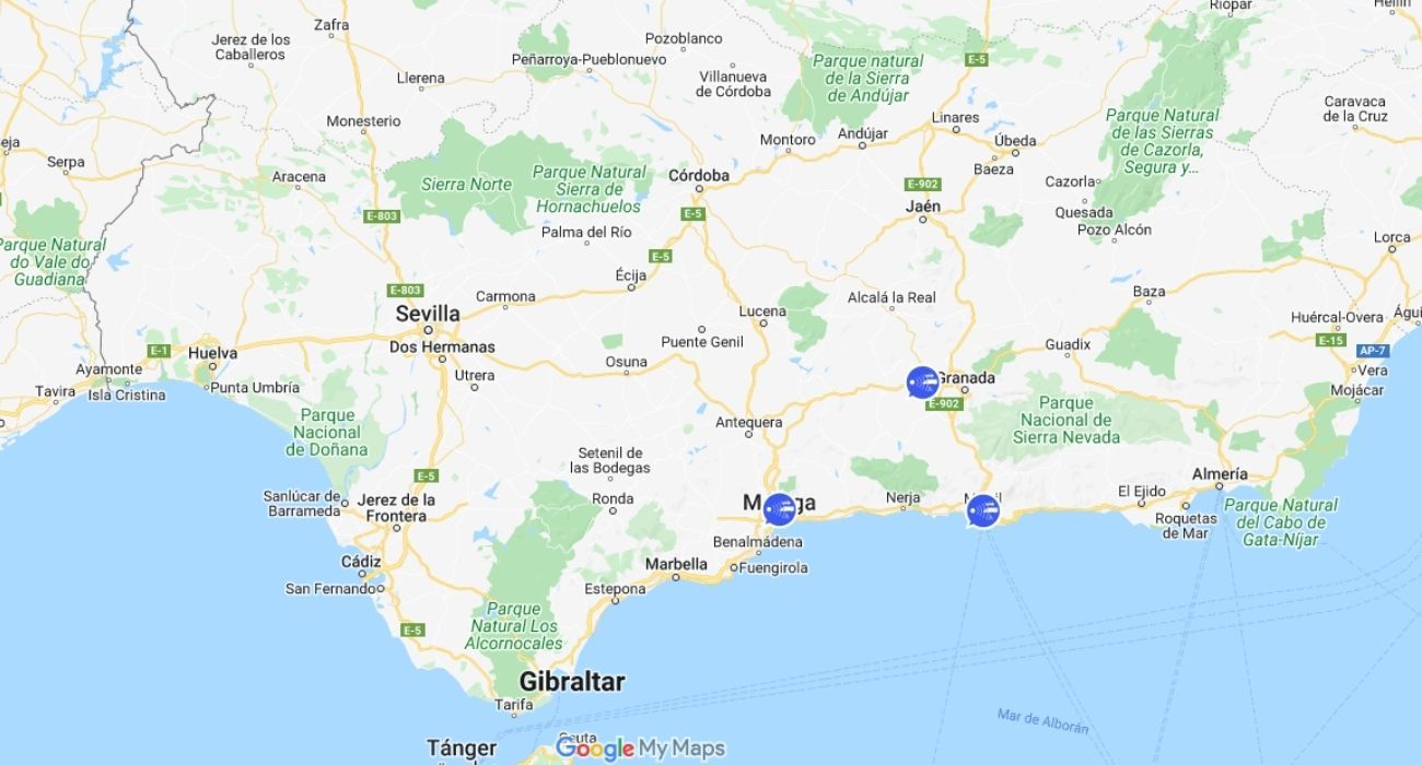 El mapa con los radares invisibles situados en Andalucía.