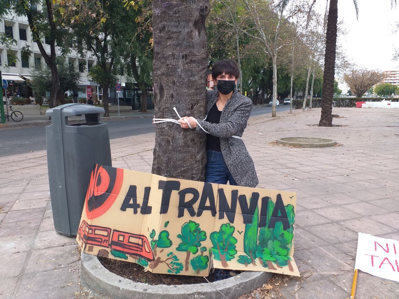 Una activista se ata simbólicamente a uno de los árboles que será talado por el Ayuntamiento de Sevilla a causa de las obras del tranvía