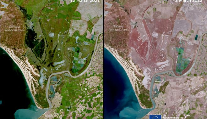 Comparación entre marzo de 2021 y marzo de 2022.   FOTO: Imágenes de Copernicus Sentinel-X de la Unión Europea